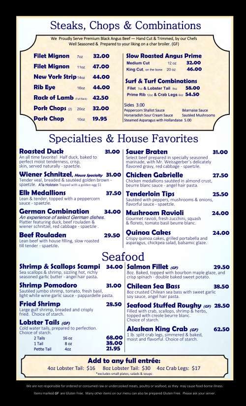 Weissgerber's Golden Mast Inn menu in Okauchee, Wisconsin, USA