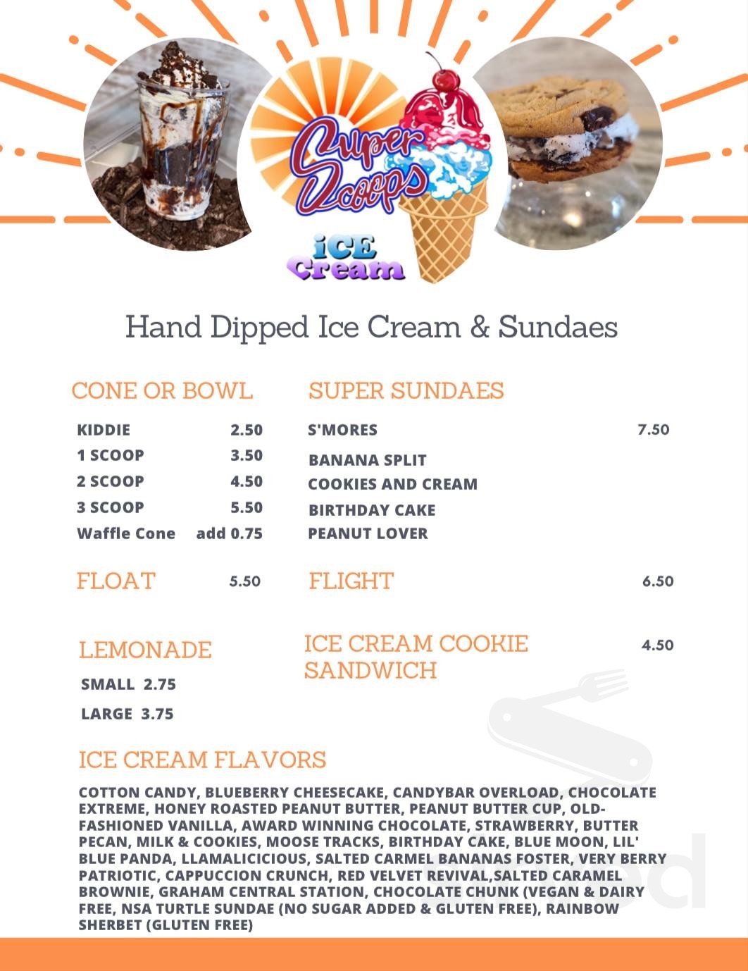 Super Scoops Ice Cream menu in Portage, Indiana, USA