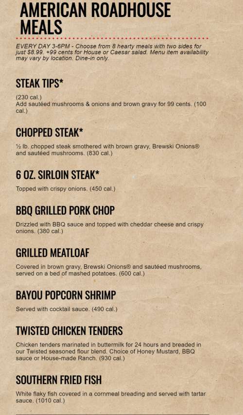 Logan's Roadhouse menu in Charlotte, North Carolina, USA