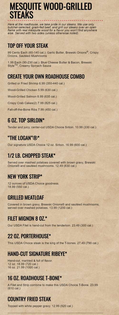 Logan's Roadhouse menu in Charlotte, North Carolina, USA