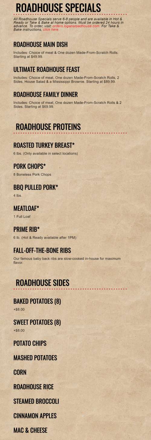 Logan's Roadhouse menu in Charlotte, North Carolina, USA
