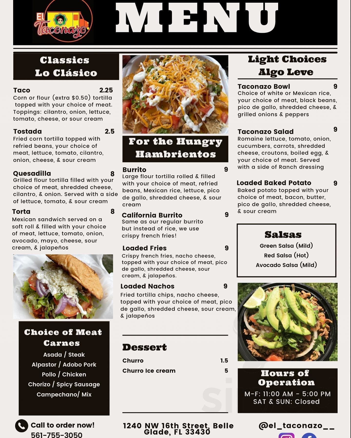 Menu for El Taconazo in Belle Glade, FL Sirved