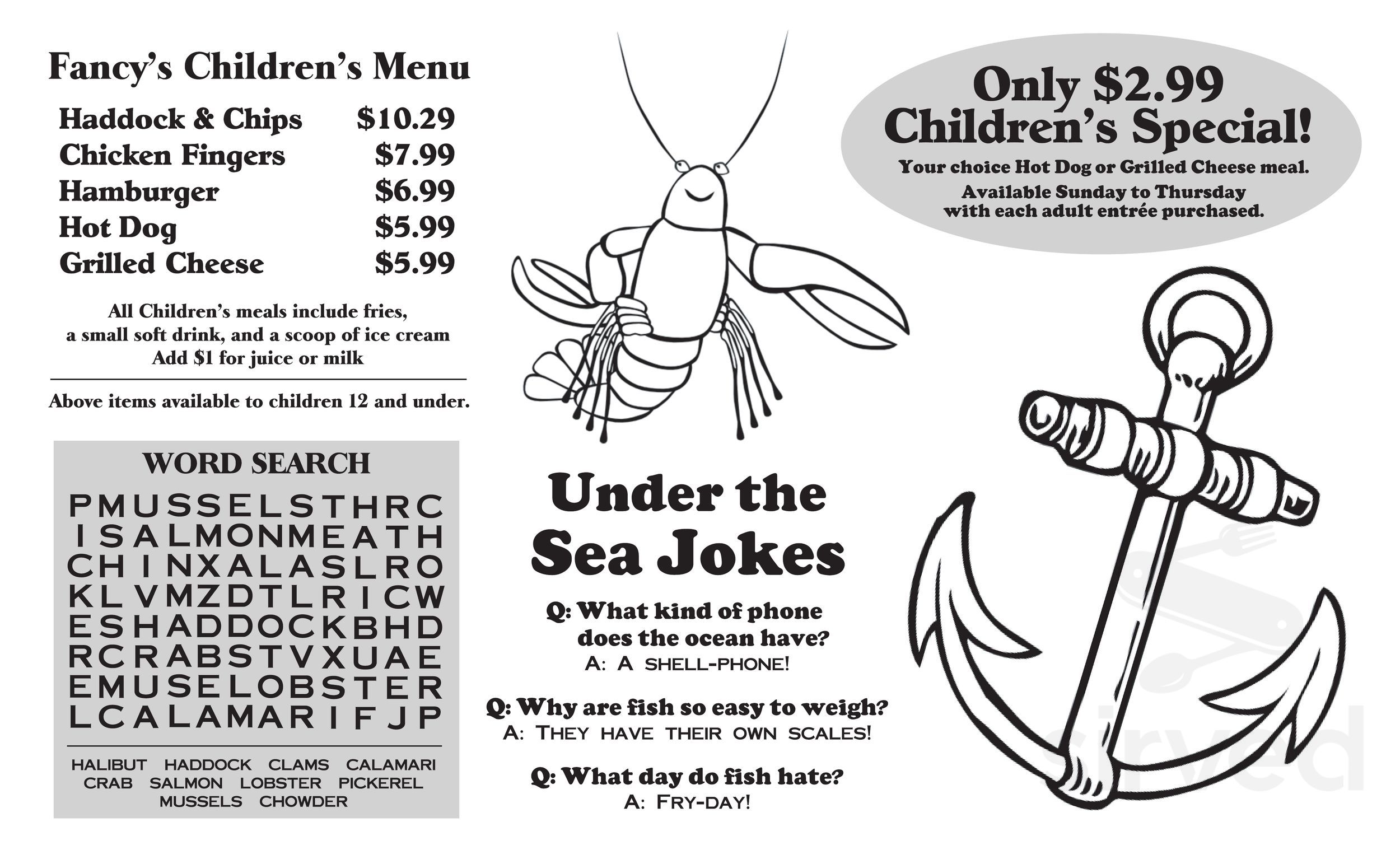 Fancy's Fish and Chips Seafood Restaurant menu in Barrie, Ontario, Canada