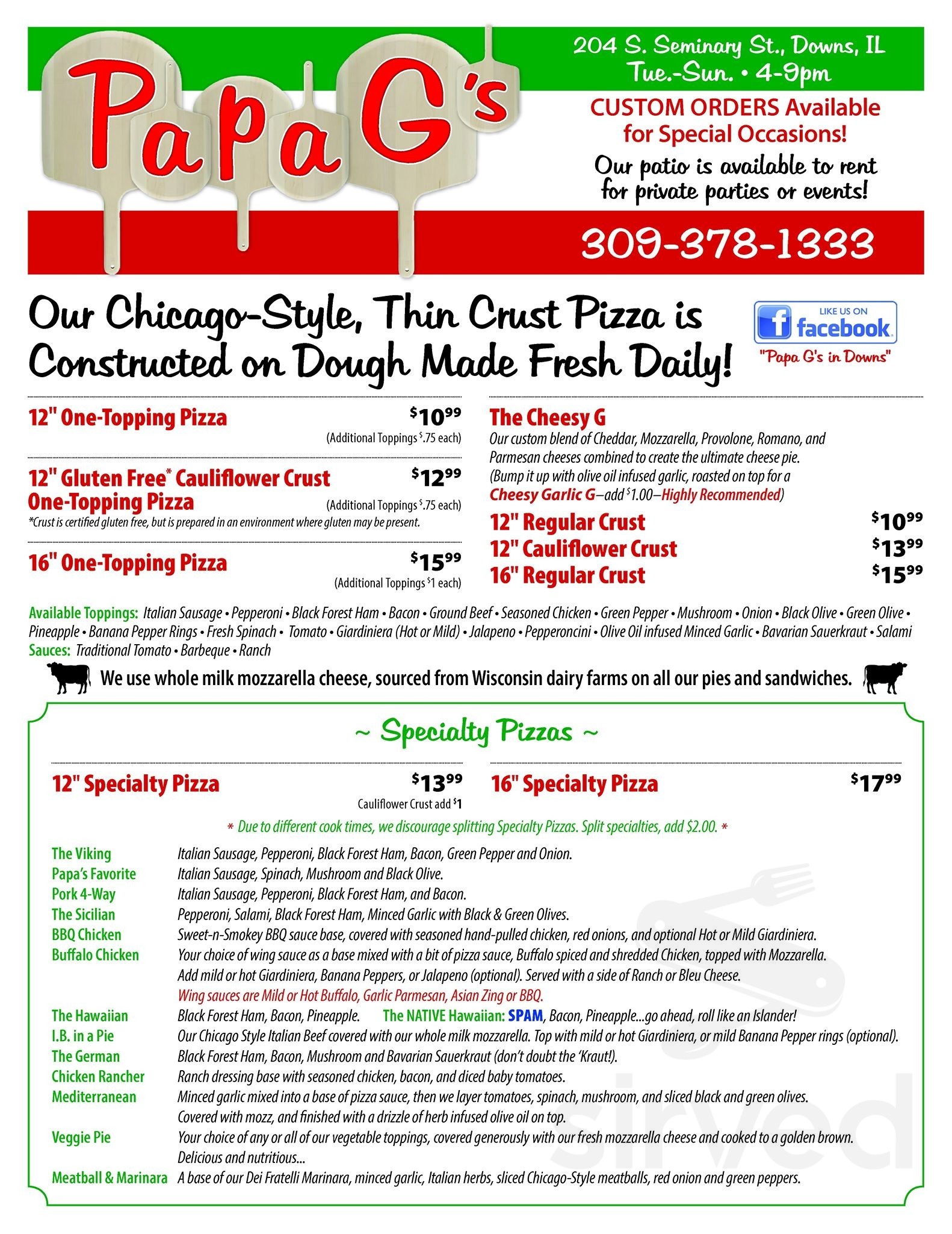 Papa G's menu in Downs, Illinois, USA