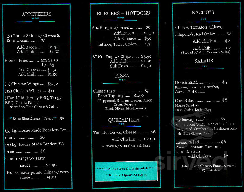 Hyde Away Cafe menu in Plantsville, Connecticut