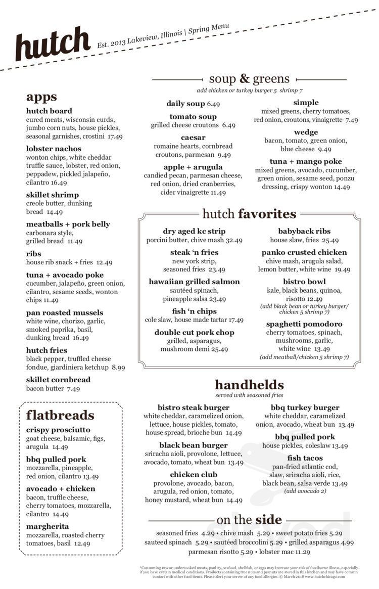 Menu Chicago IL's Hutch American Bistro Sirved