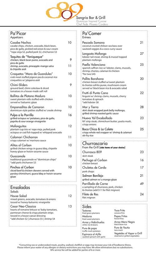 809 menu in New York, New York, USA