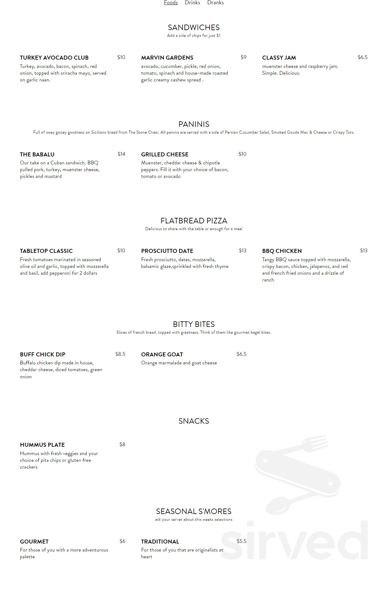 Tabletop Board Game Cafe menu in Cleveland, Ohio, USA
