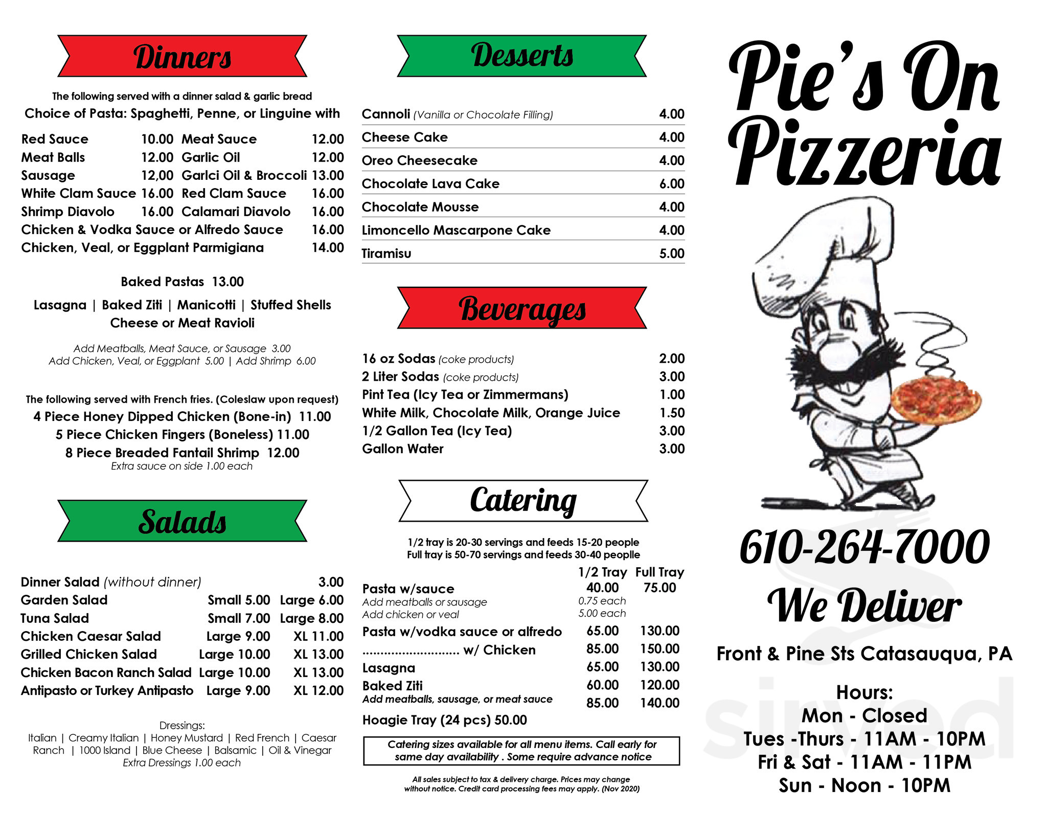 Pie's On Pizzeria menu in Catasauqua, Pennsylvania, USA