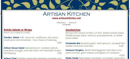 Menu for Artisan Kitchen in Paducah, KY | Sirved