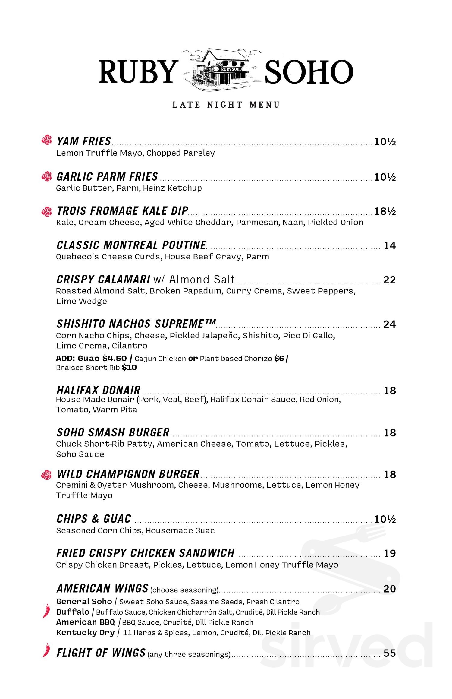 Ruby Soho menu in Toronto, Ontario, Canada