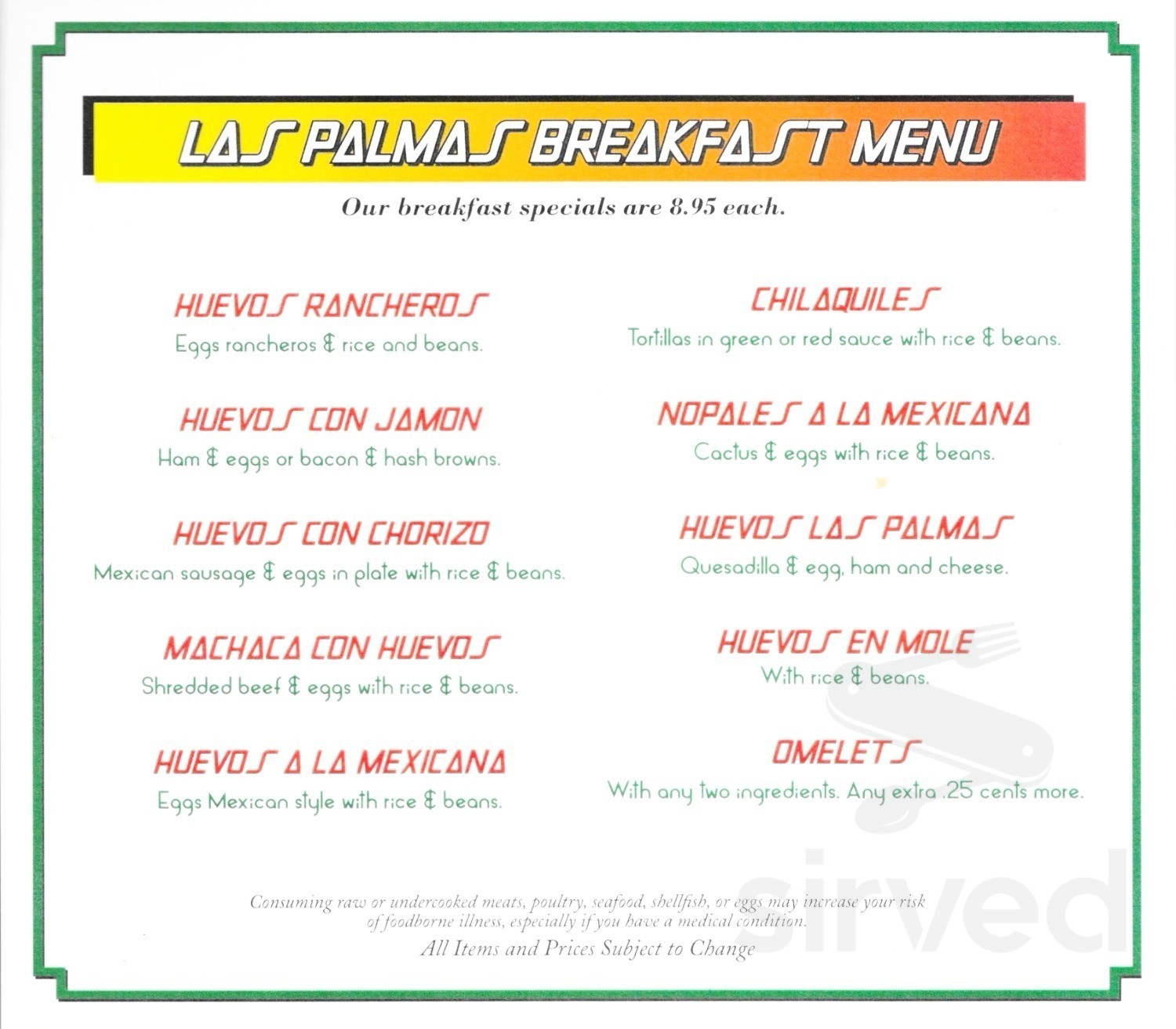 Menu for Las Palmas Mexican Cuisine in Yucca Valley, CA | Sirved