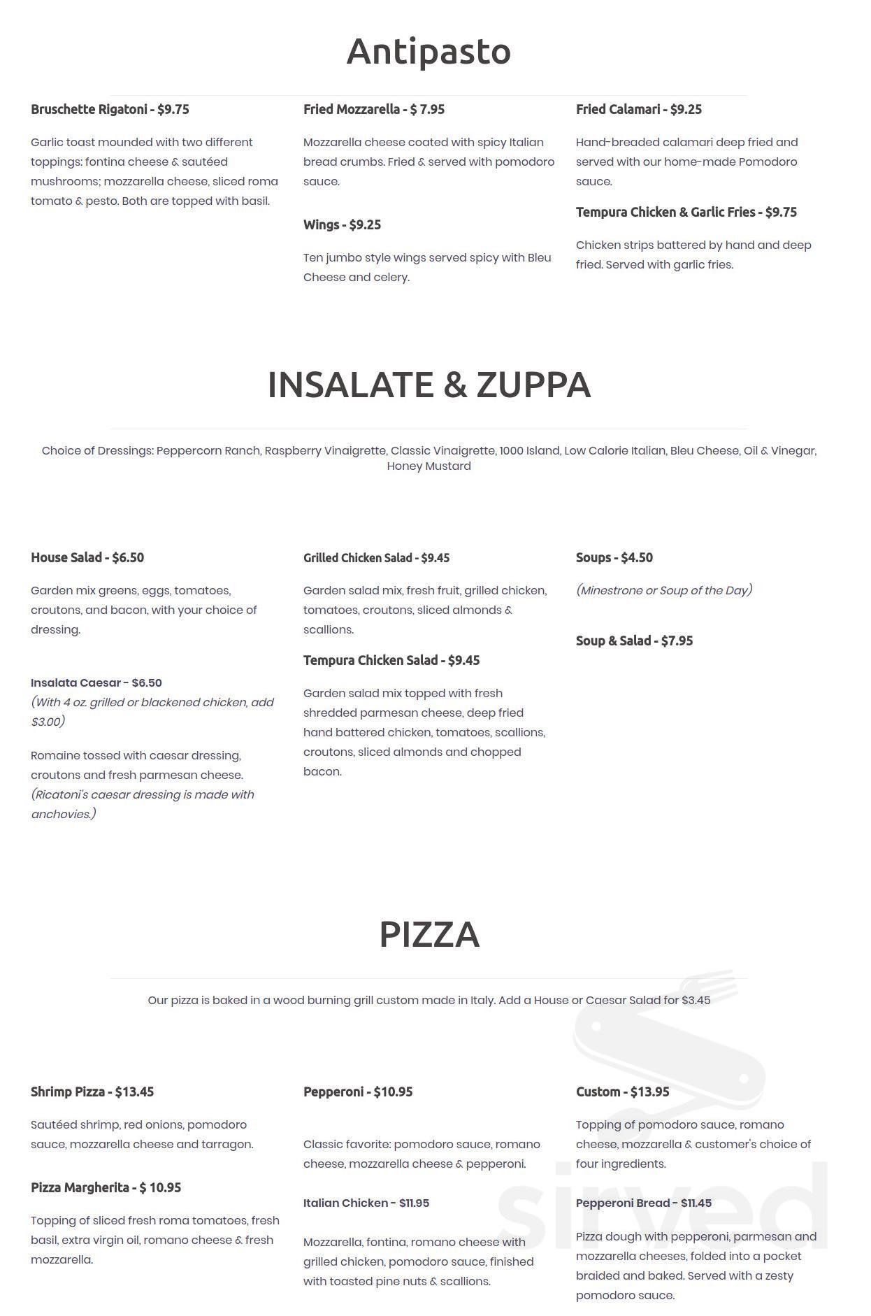 Menu - Florence AL's Ricatoni's Italian Grill | Sirved, image size:1246x1882