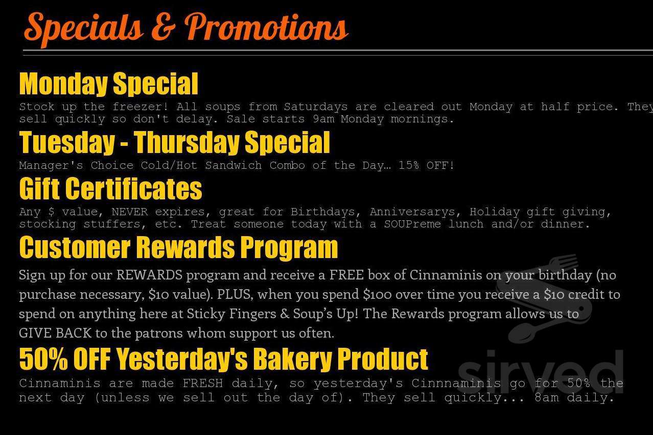 Soups Up & Sticky Fingers menus in Sarnia, Ontario, Canada