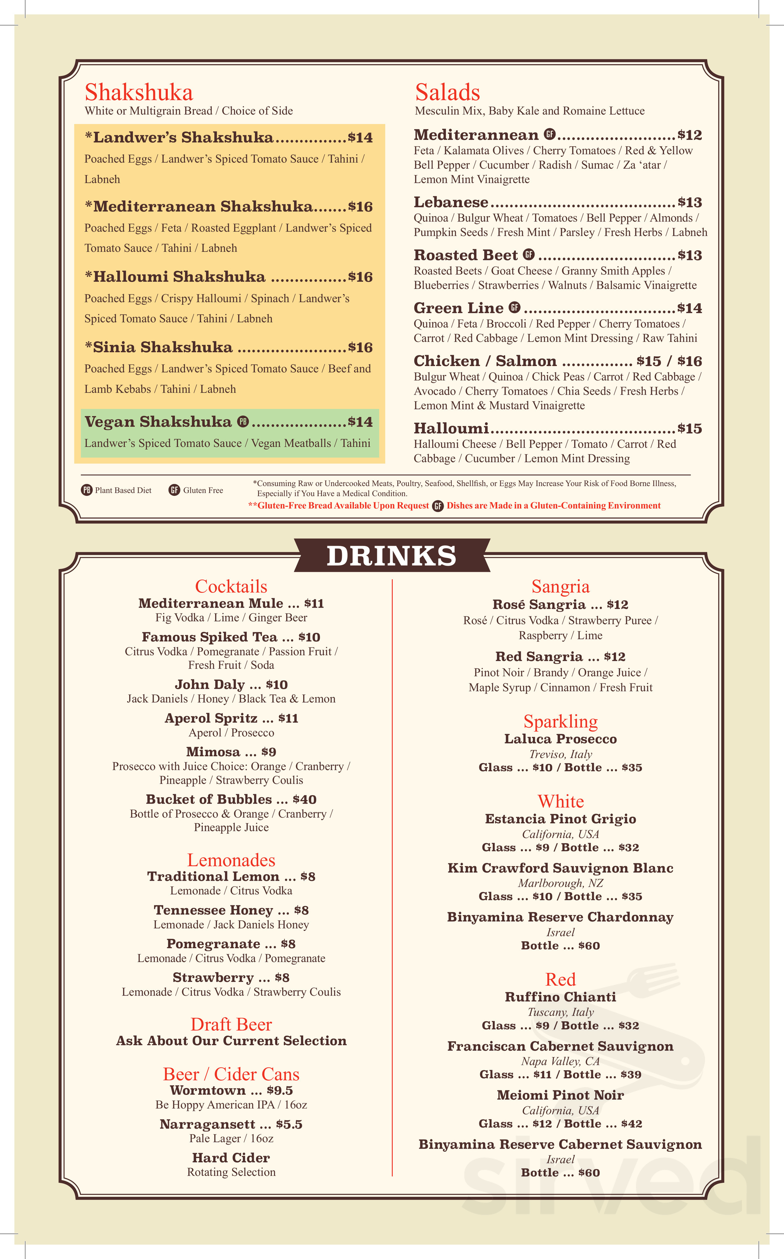 Menu - Boston MA's Cafe Landwer | Sirved