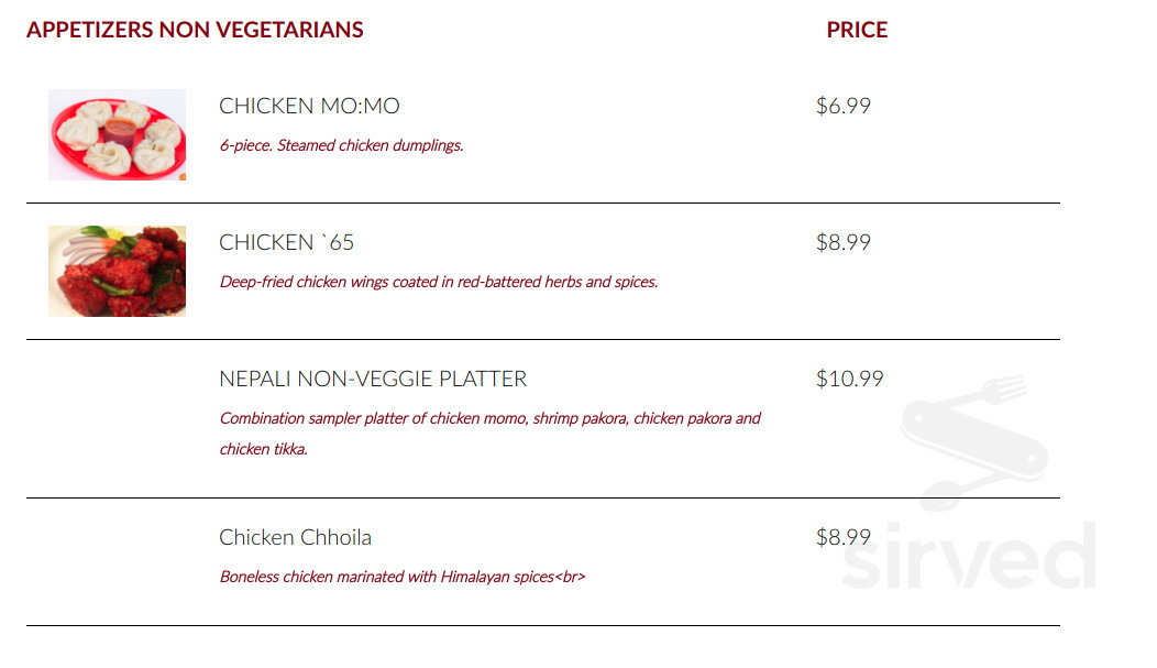 Indian Spice Restaurant menu in Rancho Cordova, California, USA