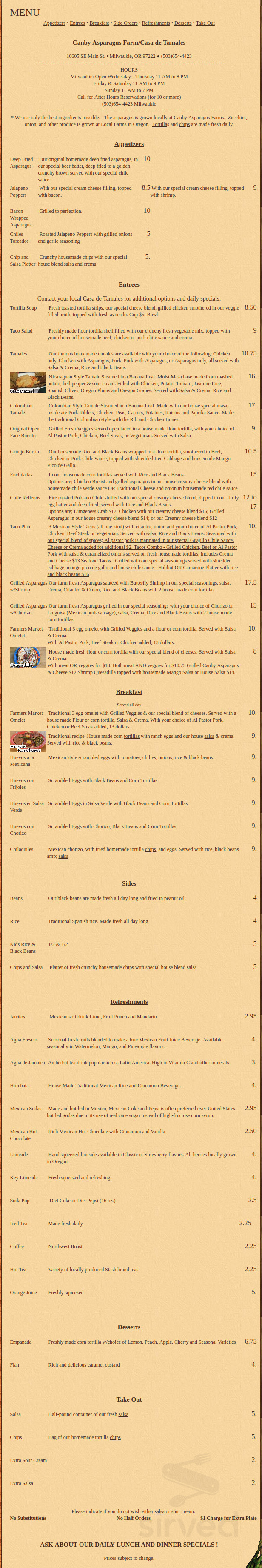 Canby Asparagus Farm Casa de Tamales menu in Milwaukie, Oregon