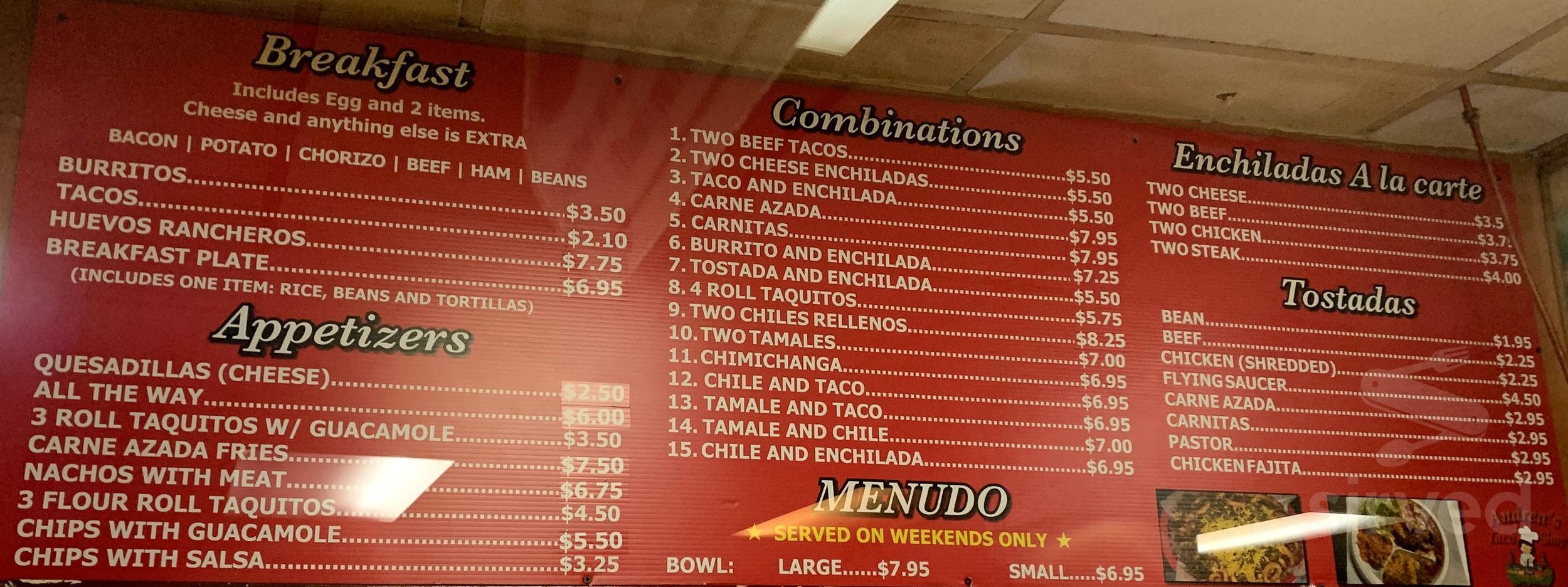 Andrea's Taco Shop menu in Brenham, Texas, USA