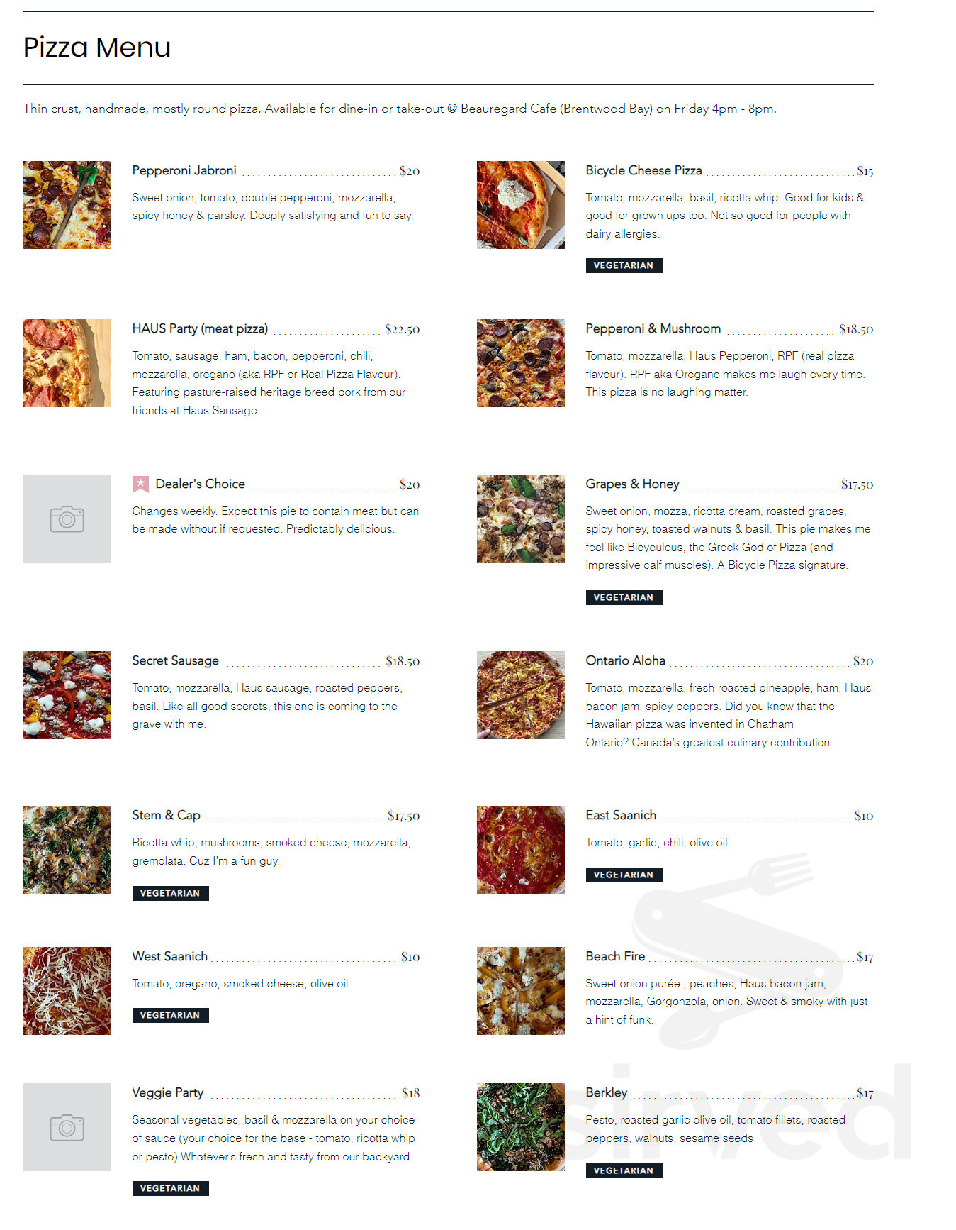 Menu for Bicycle Pizza in Brentwood Bay, British Columbia, Canada