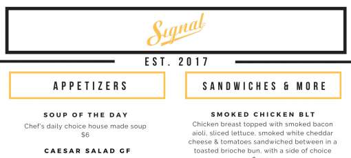 Signals Menu Menu for Signal Brewery in Corbyville, ON | Sirved