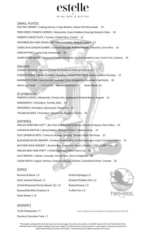 Estelle Wine Bar & Bistro menu in Jackson, Mississippi, USA