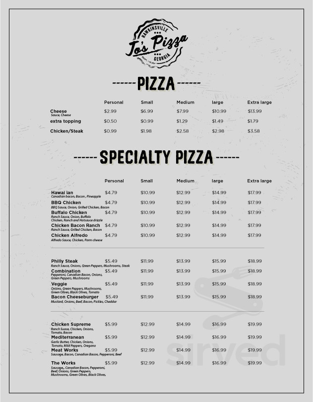 Menu for Jo's Pizza in Hawkinsville, GA Sirved