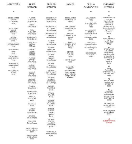 Captain Pete's menu in Lincolnton, North Carolina, USA