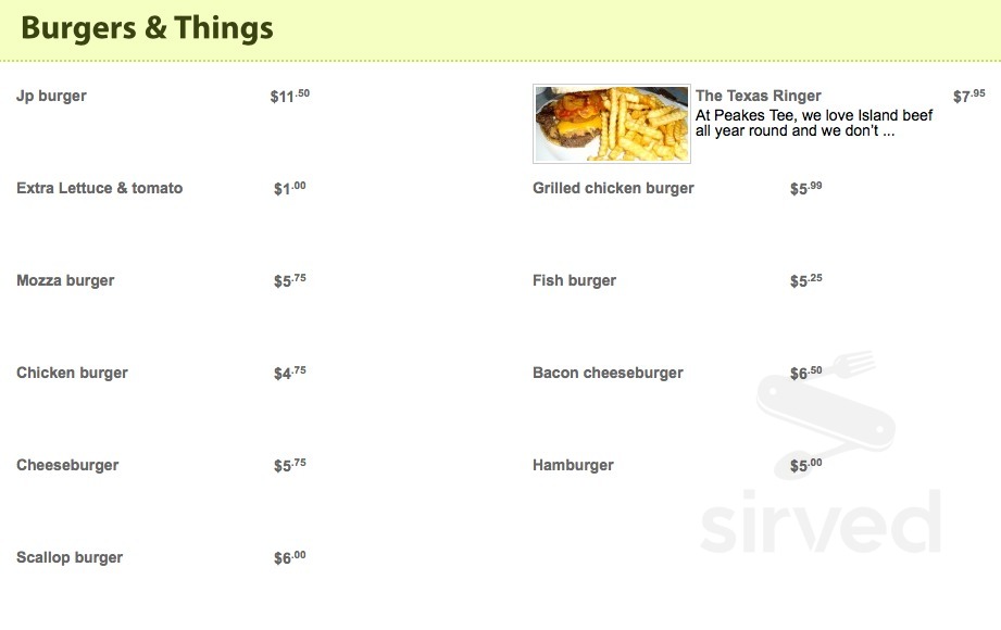 Peakes Tee menus in Mount Stewart, Prince Edward Island, Canada