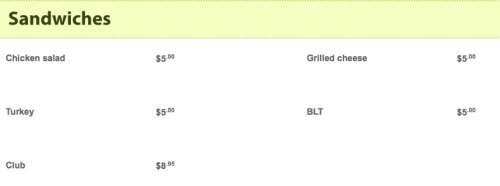 Peakes Tee menu in Mount Stewart, Prince Edward Island, Canada