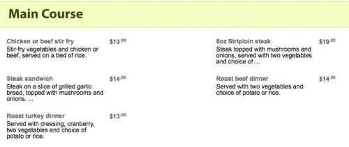 Peakes Tee menu in Mount Stewart, Prince Edward Island, Canada