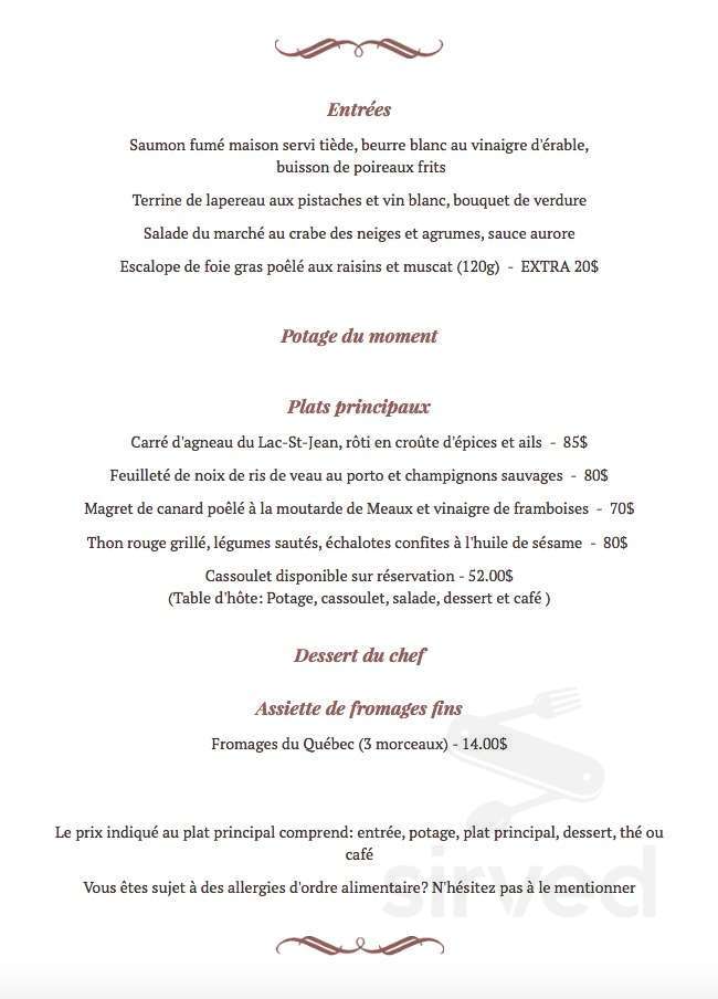 Auberge Villa Pachon menu in Jonquière, Quebec, Canada