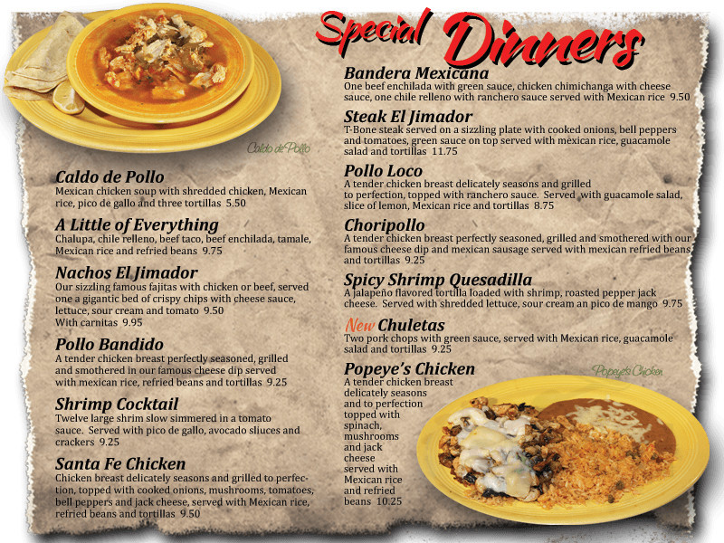 Menu for El Jimador Mexican Restaurant in Jefferson City, Missouri