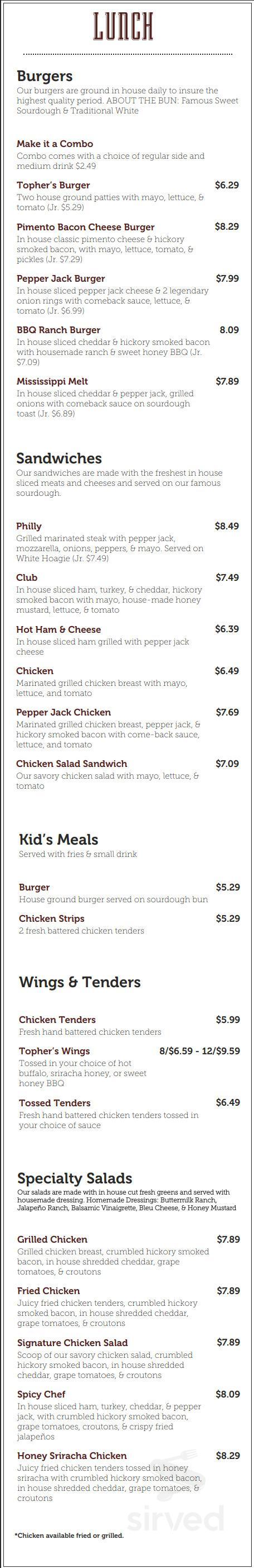 Menu for Topher's Burgers & Biscuits - Broadway Drive - Hattiesburg, MS ...