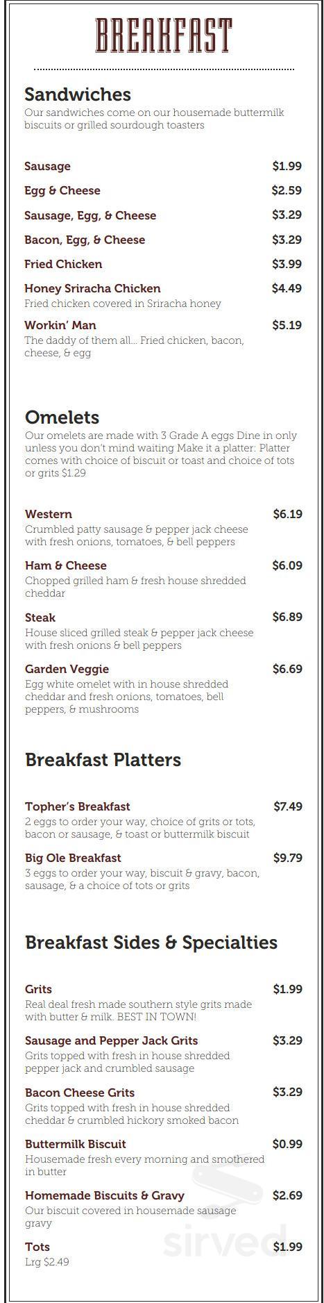 Menu for Topher's Burgers & Biscuits - Broadway Drive - Hattiesburg, MS ...