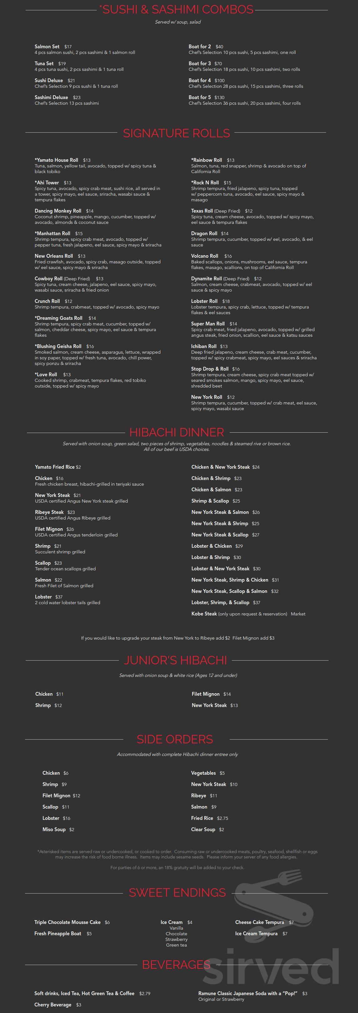 Yamato Hibachi & Sushi menus in Victoria, Texas, United States