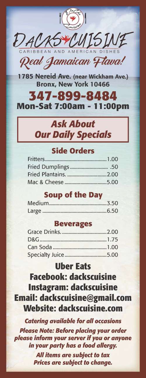 Dacks Cuisine menu in The Bronx, New York, USA