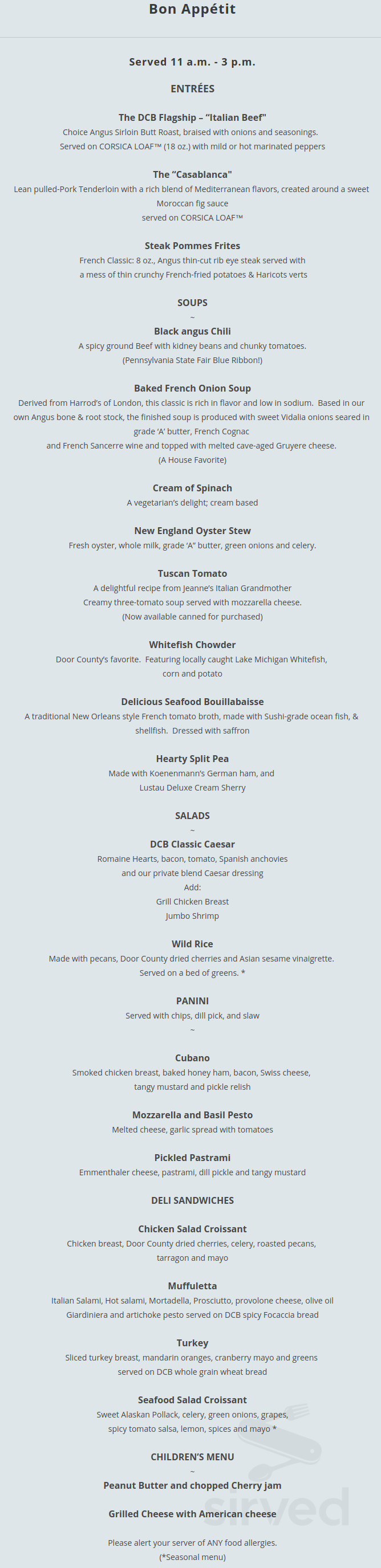 Door County Bakery, LLC lunch menu in Sister Bay, Wisconsin