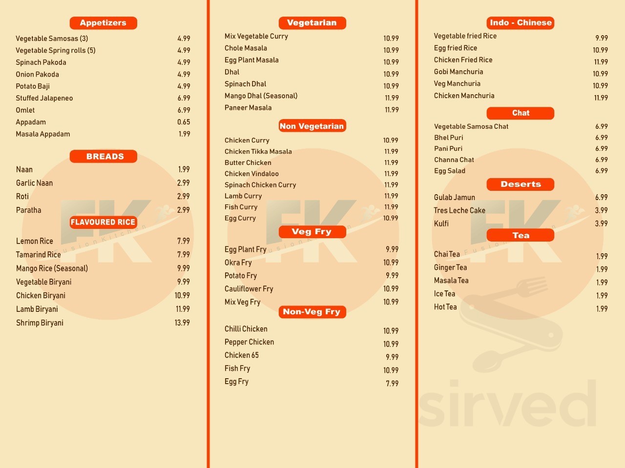 Fusion Kitchen(Indian Restaurant) menu in Midwest City, Oklahoma
