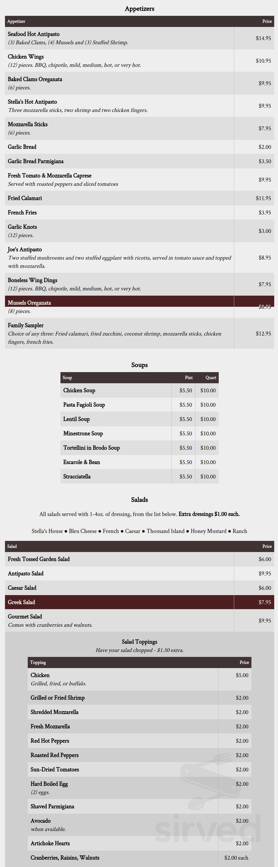 Stella's Pizzeria & Restaurant menu in Bellmore, New York, USA