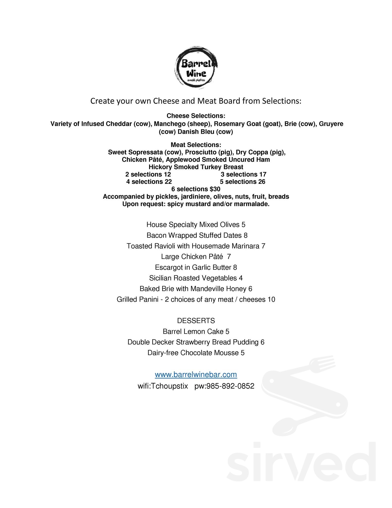 Barrel Wine Bar menu in Covington, Louisiana, USA