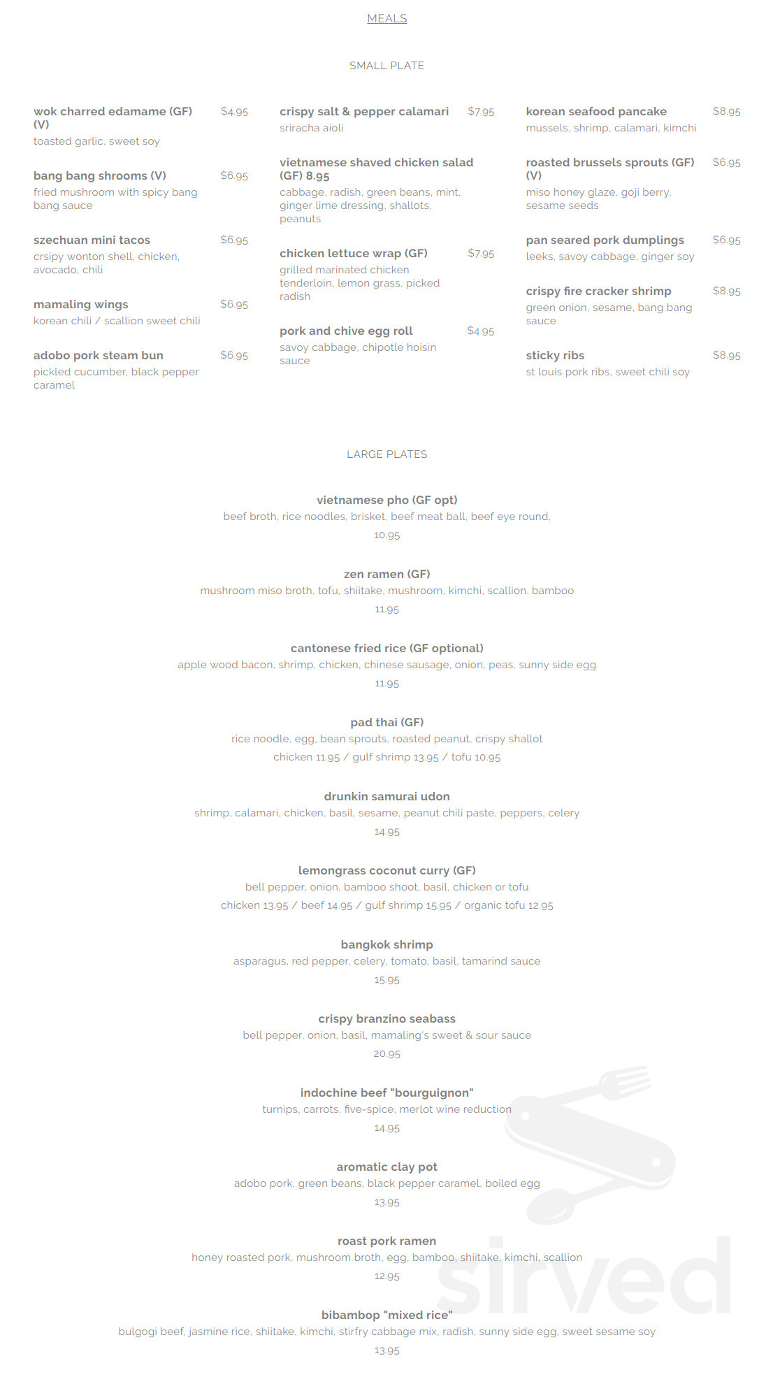 Mamaling Asian Street Food menu in Palm Coast, Florida, USA