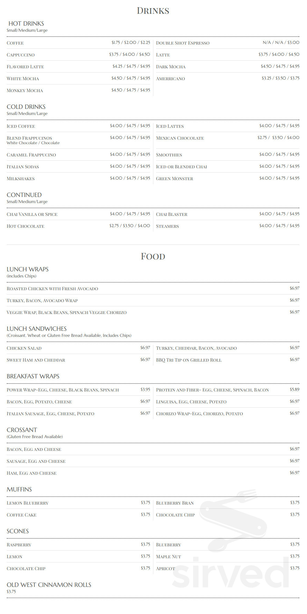 Coffee Express drink menu in Arroyo Grande, California