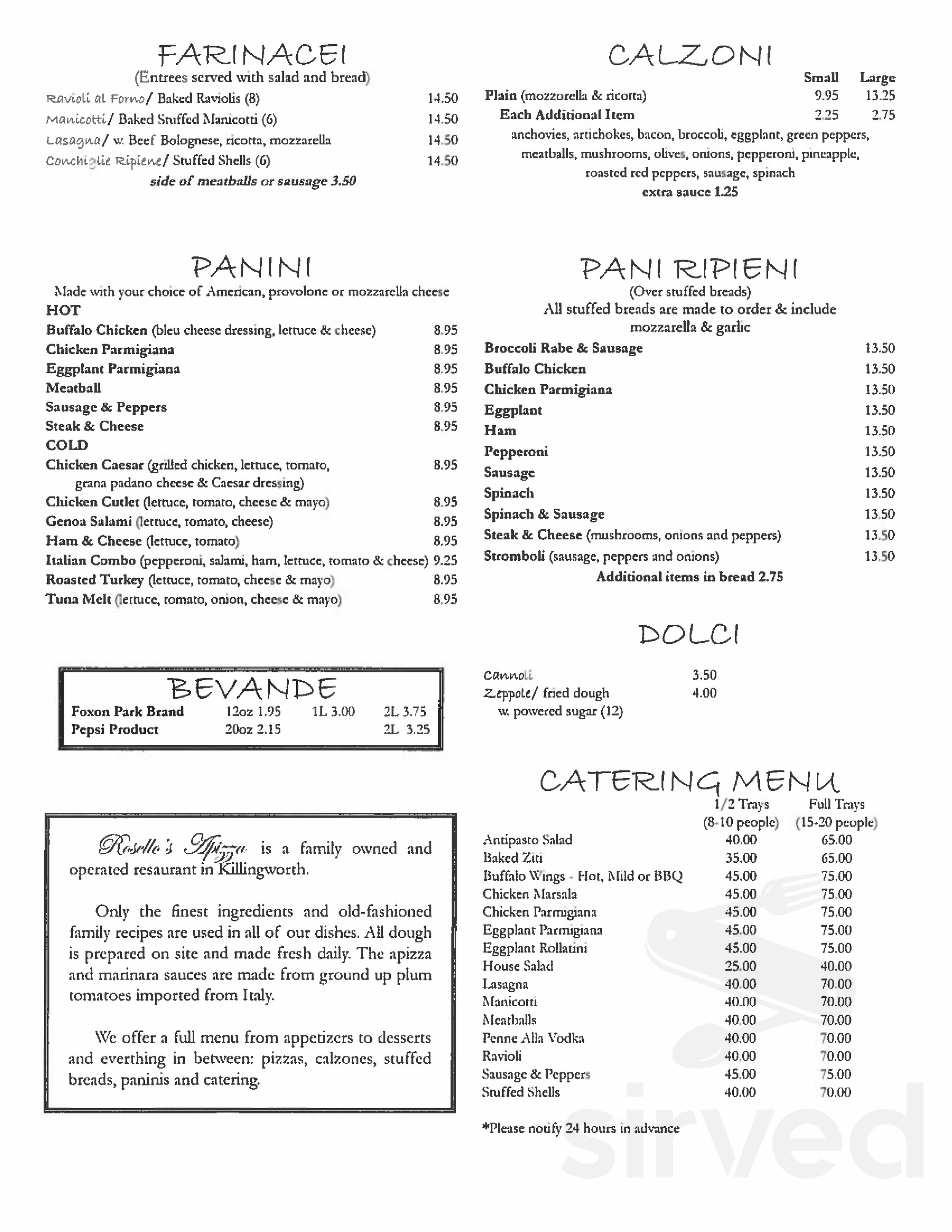 Rosello's Apizza menu in Killingworth, Connecticut