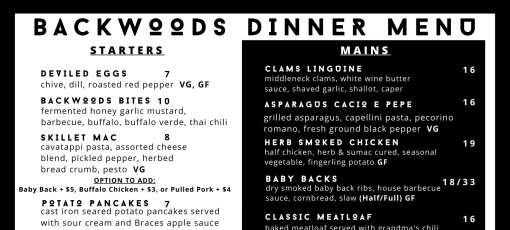 Backwoods Rambling Menu Menu for Backwoods Bar & Kitchen in Dallas, PA | Sirved
