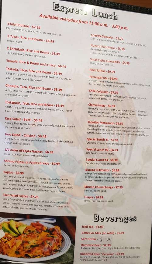 El Jimador Mexican Cuisine menu in Hammond, Louisiana, USA