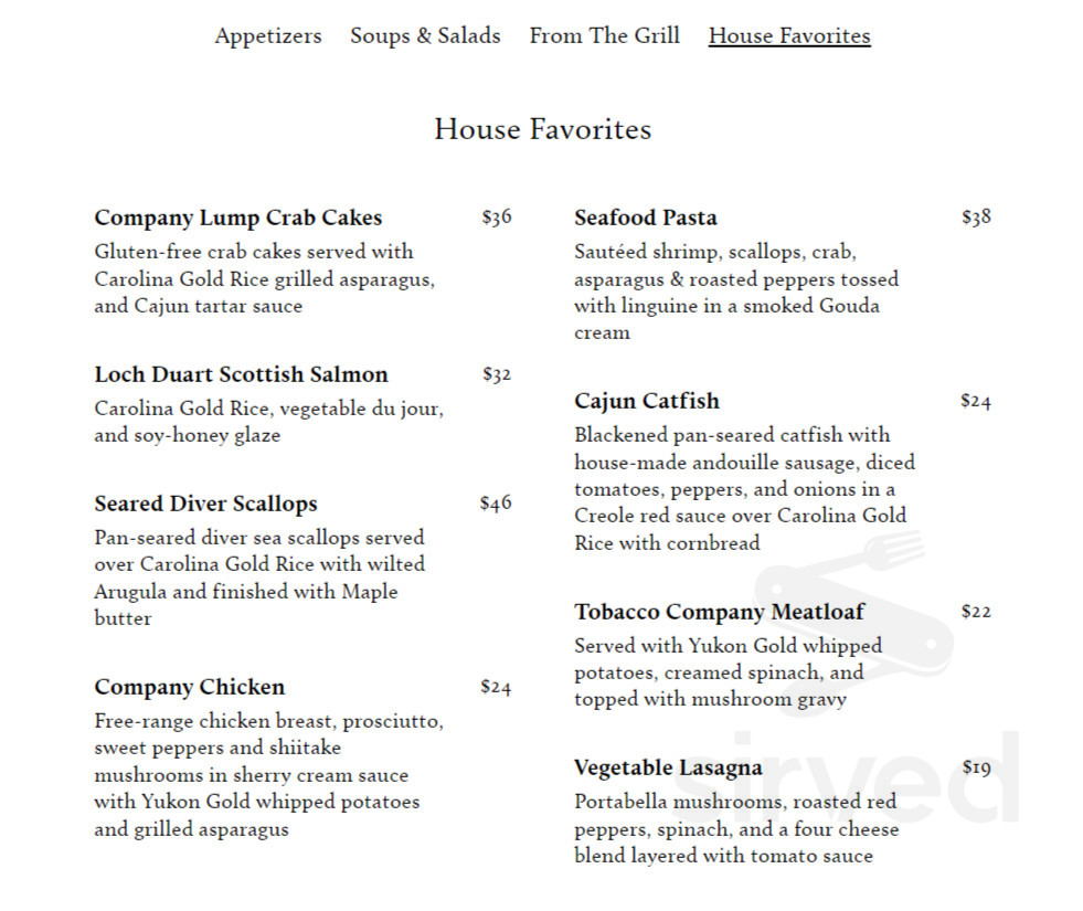 Menu for The Tobacco Company Restaurant in Richmond, VA