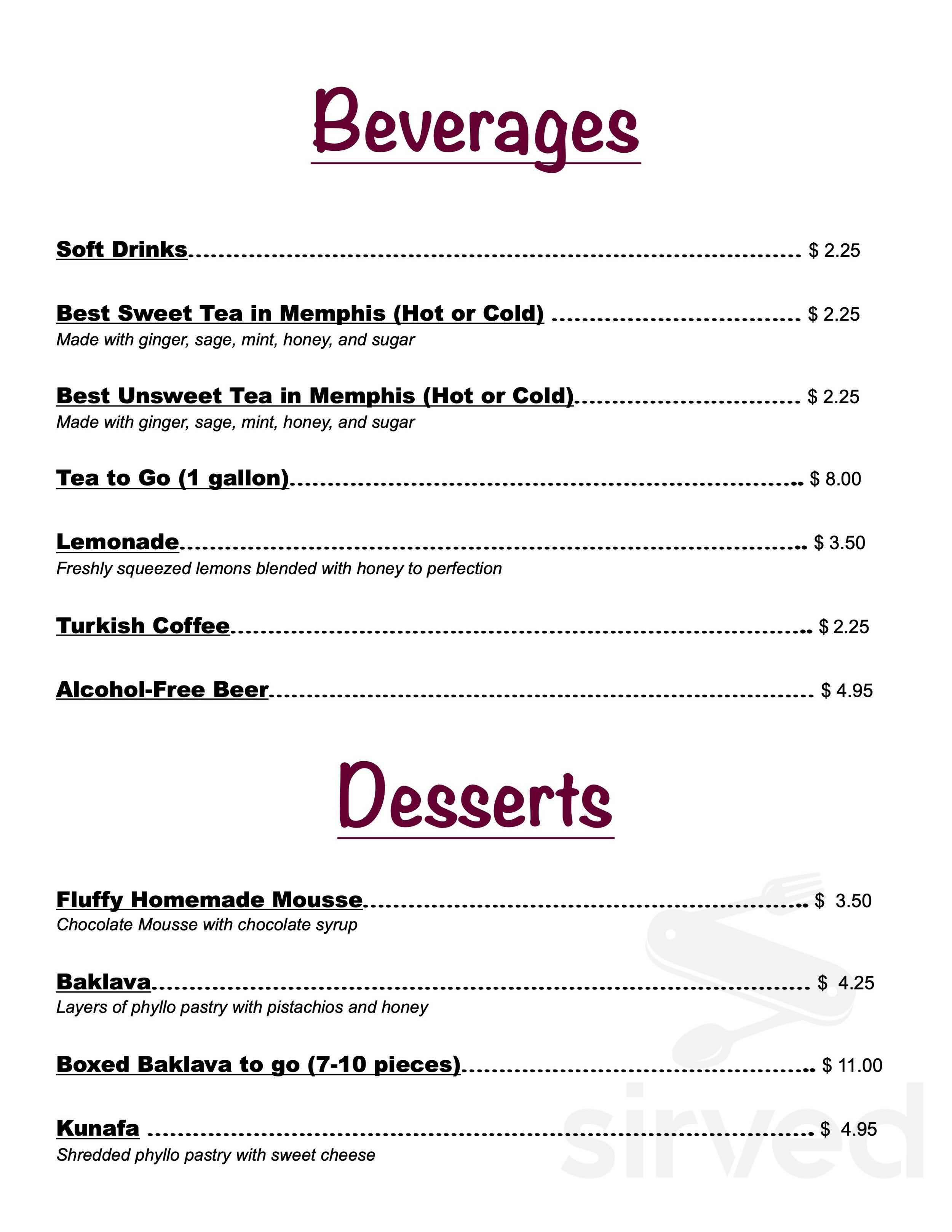 Casbah Restaurant menu in Cordova, Tennessee, USA