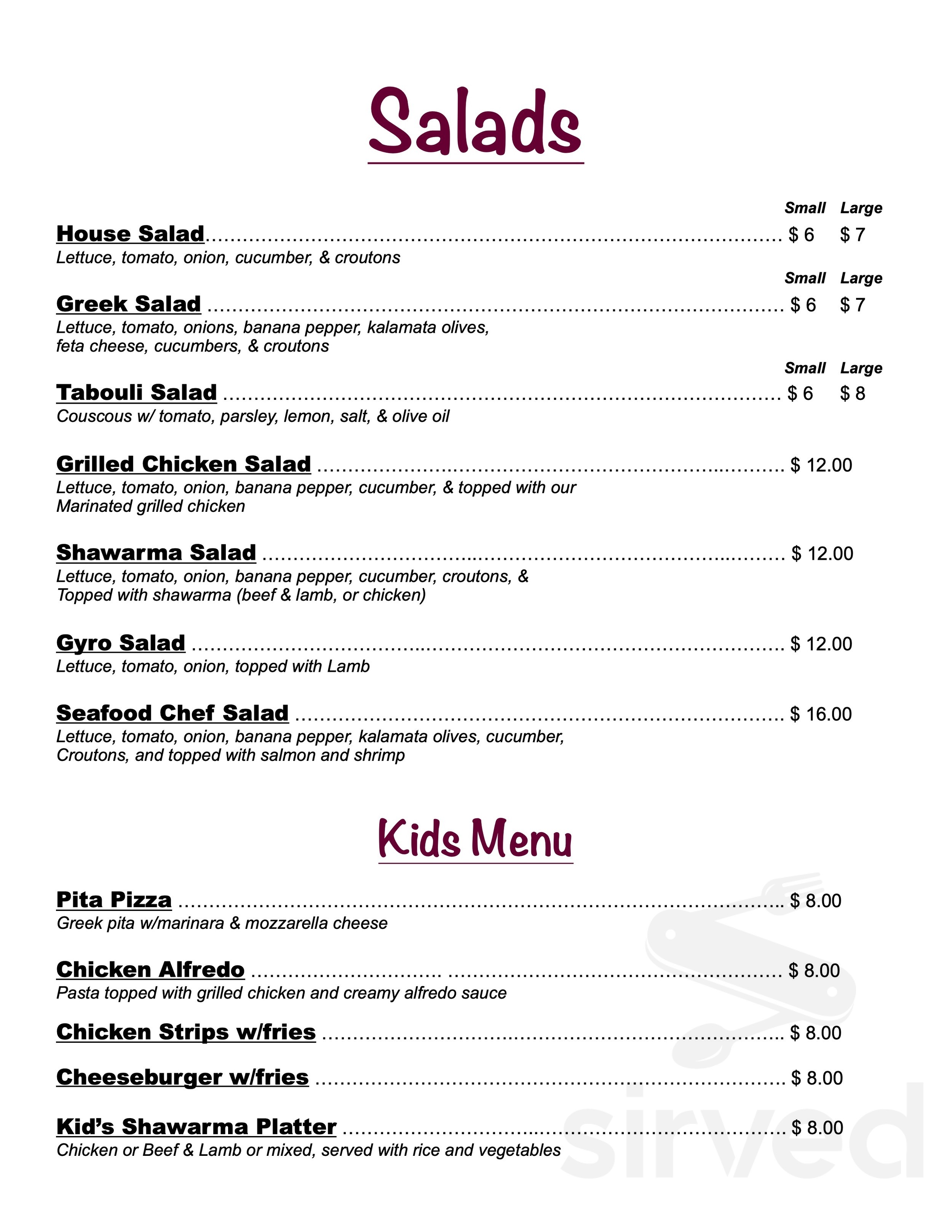 Casbah Restaurant menu in Cordova, Tennessee, USA