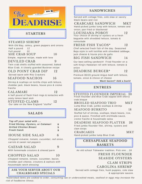 The Deadrise menu in Hampton, Virginia, USA