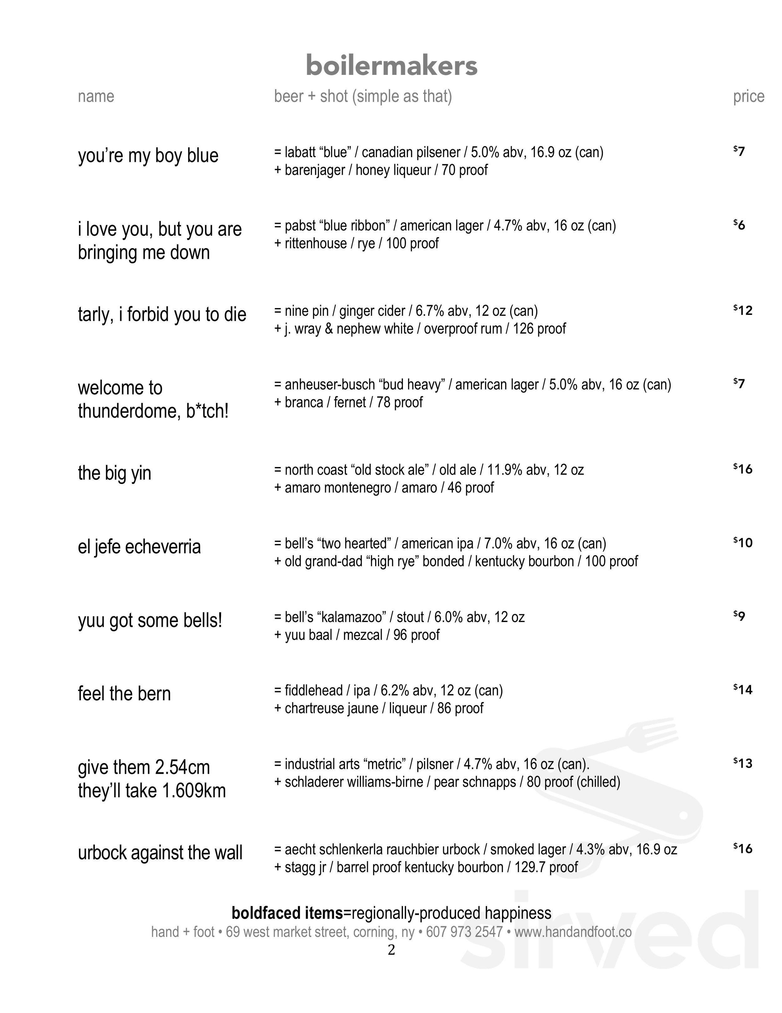 Hand + Foot menu in Corning, New York, USA